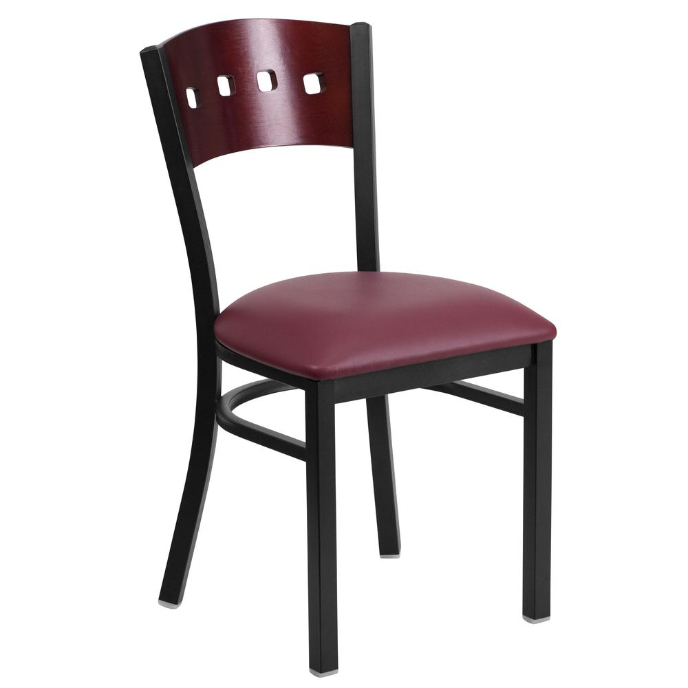 Black Metal Restaurant Chair with Mahogany Wood Back and Burgundy Vinyl Seat