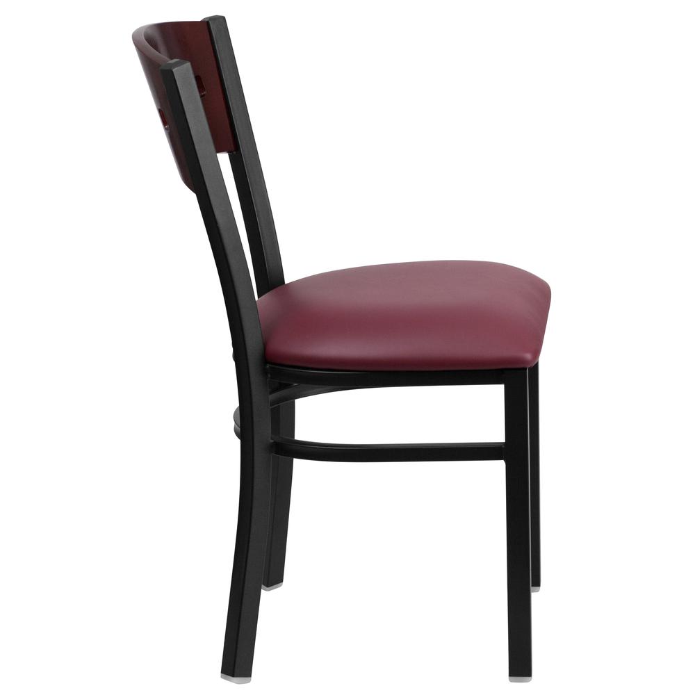 Black Metal Restaurant Chair with Mahogany Wood Back and Burgundy Vinyl Seat