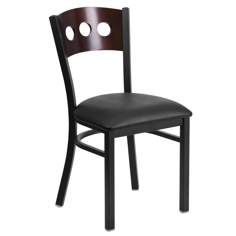 Black Metal Restaurant Chair with Walnut Wood Back and Black Vinyl Seat - HERCULES Series