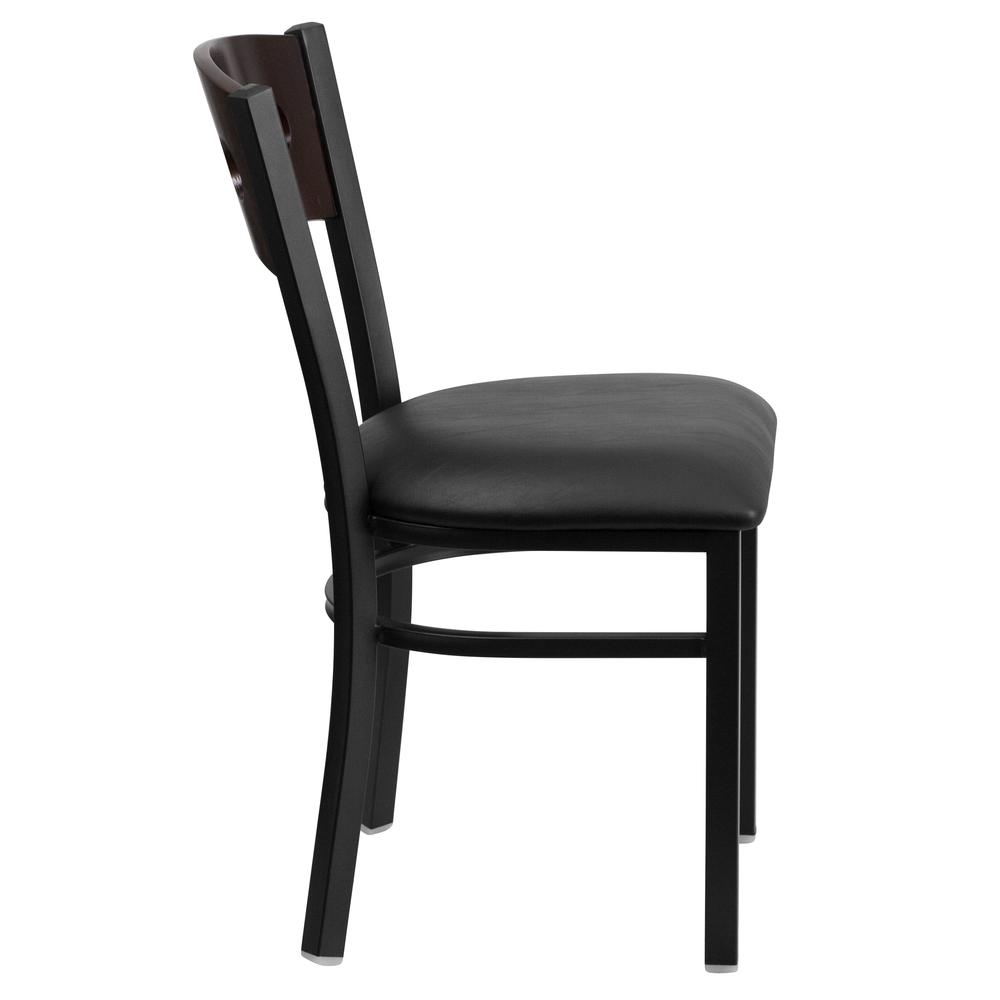 Black Metal Restaurant Chair with Walnut Wood Back and Black Vinyl Seat - HERCULES Series