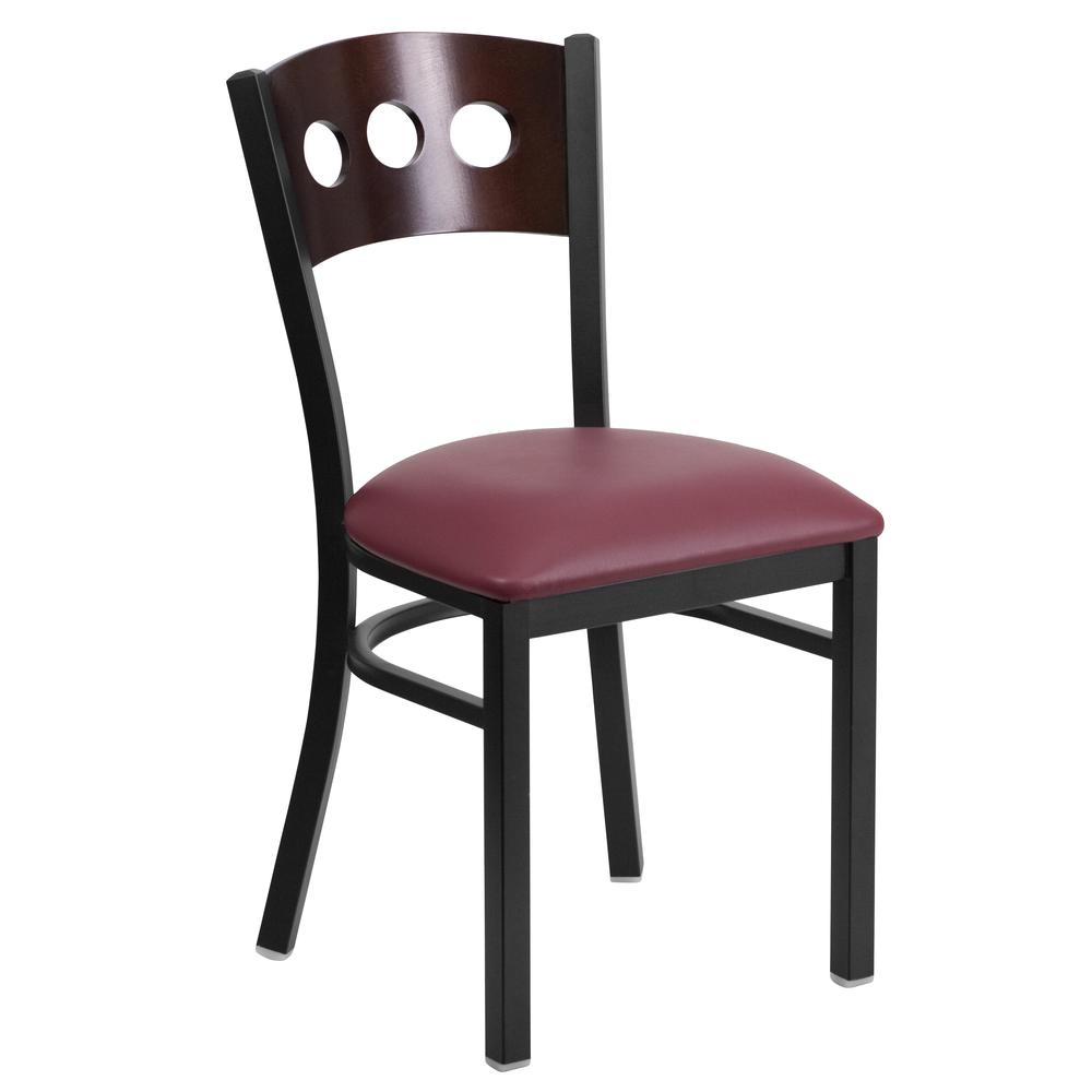 Black Metal Restaurant Chair with Walnut Wood Back and Burgundy Vinyl Seat