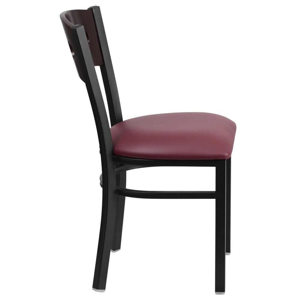 Black Metal Restaurant Chair with Walnut Wood Back and Burgundy Vinyl Seat