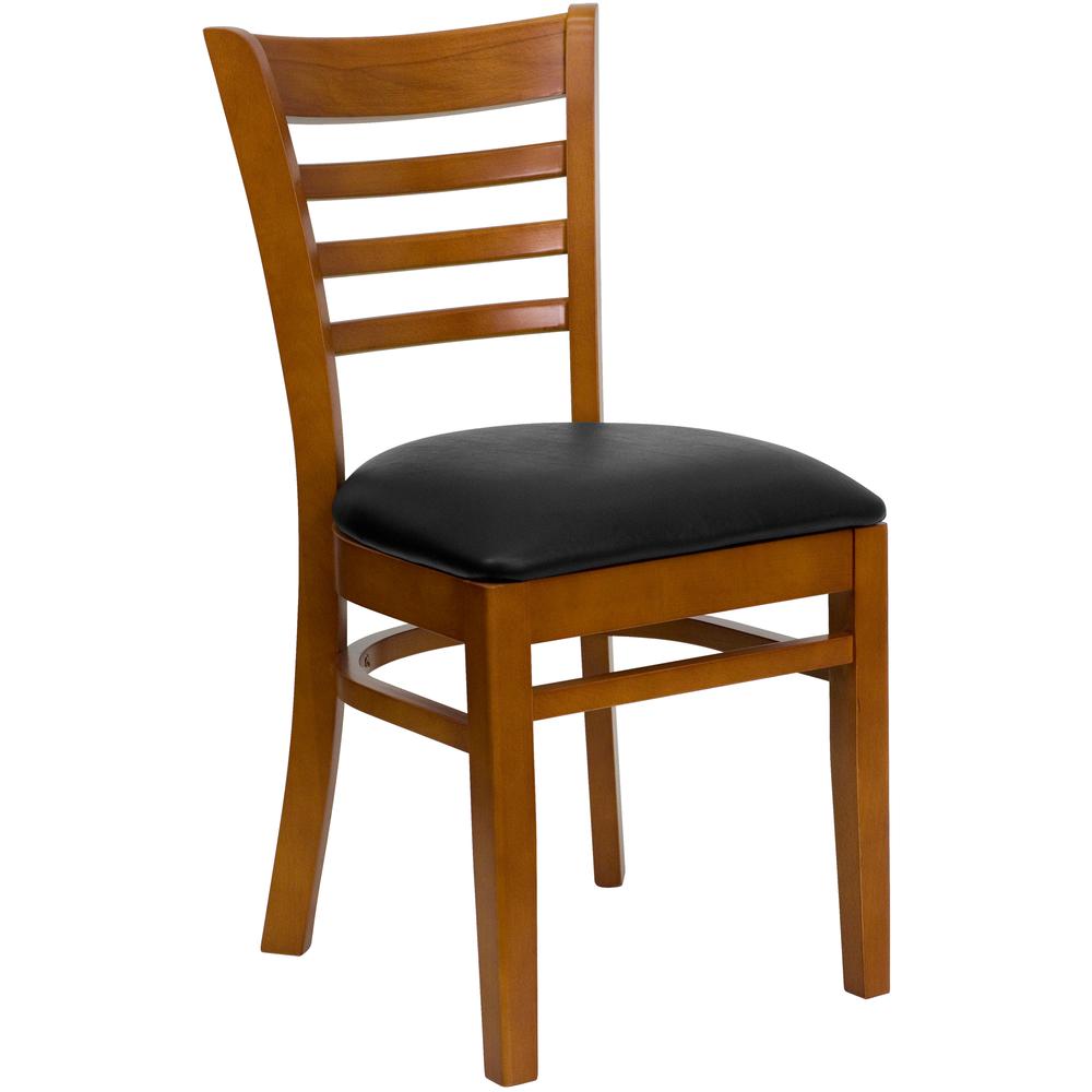 Image of Hercules Series Ladder Back Cherry Wood Restaurant Chair - Black Vinyl Seat