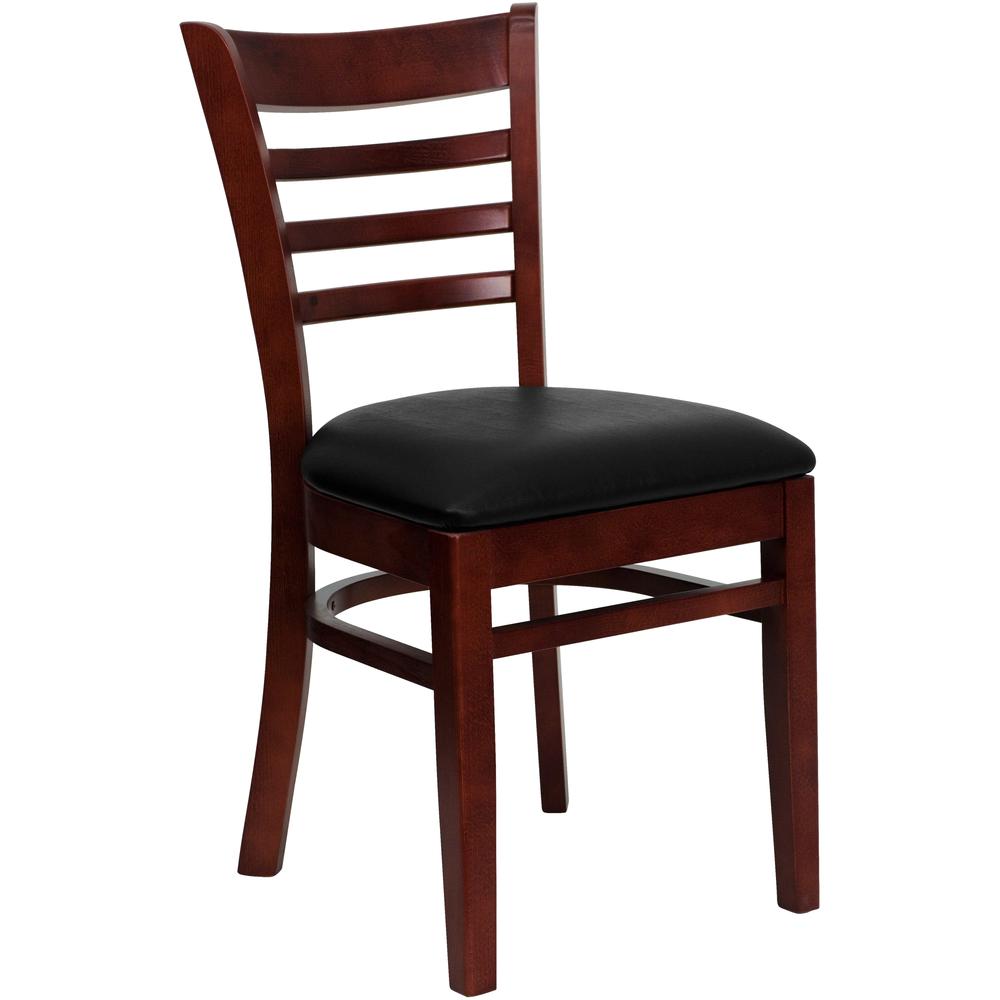 Image of Hercules Series Ladder Back Mahogany Wood Restaurant Chair - Black Vinyl Seat