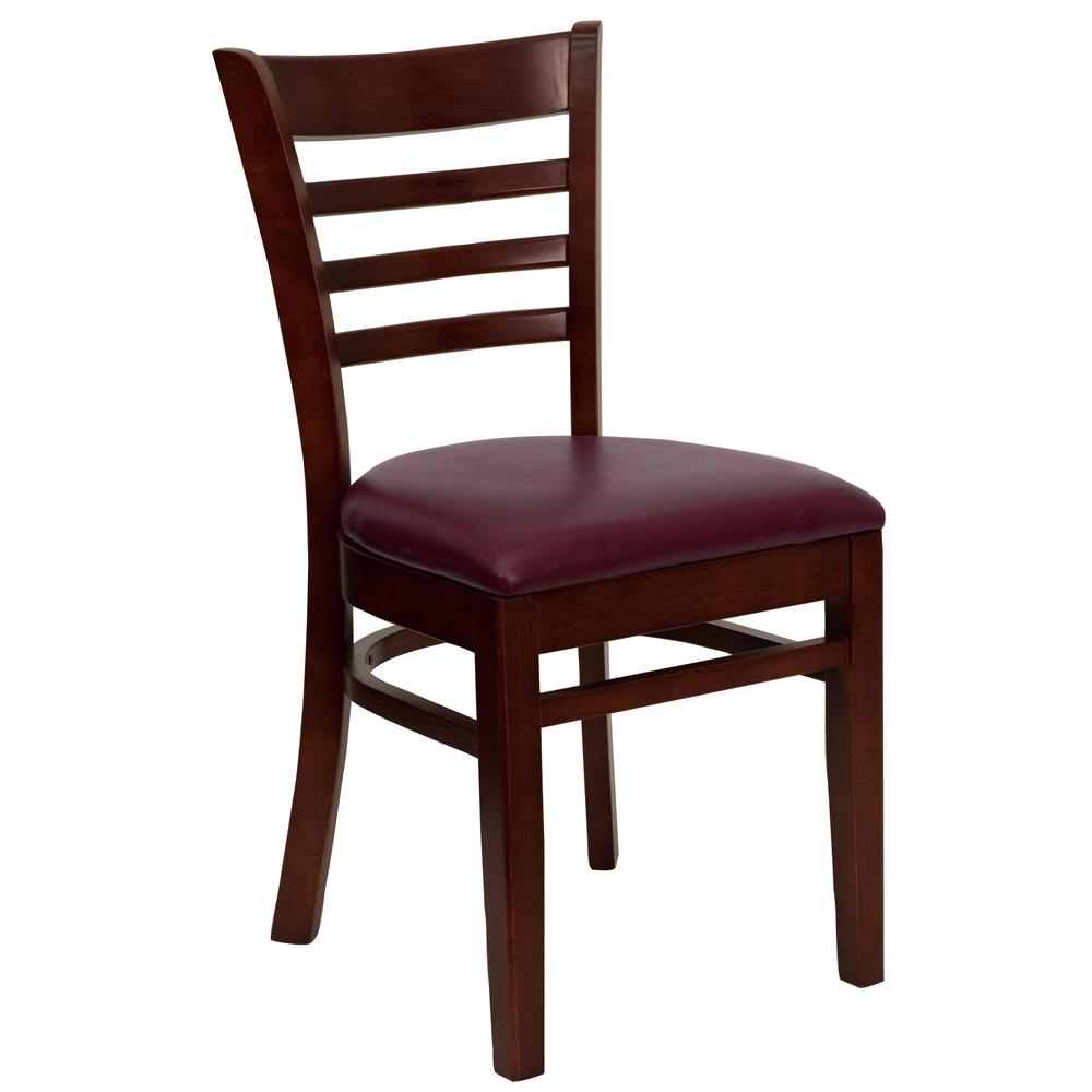 Image of Hercules Series Ladder Back Mahogany Wood Restaurant Chair - Burgundy Vinyl Seat