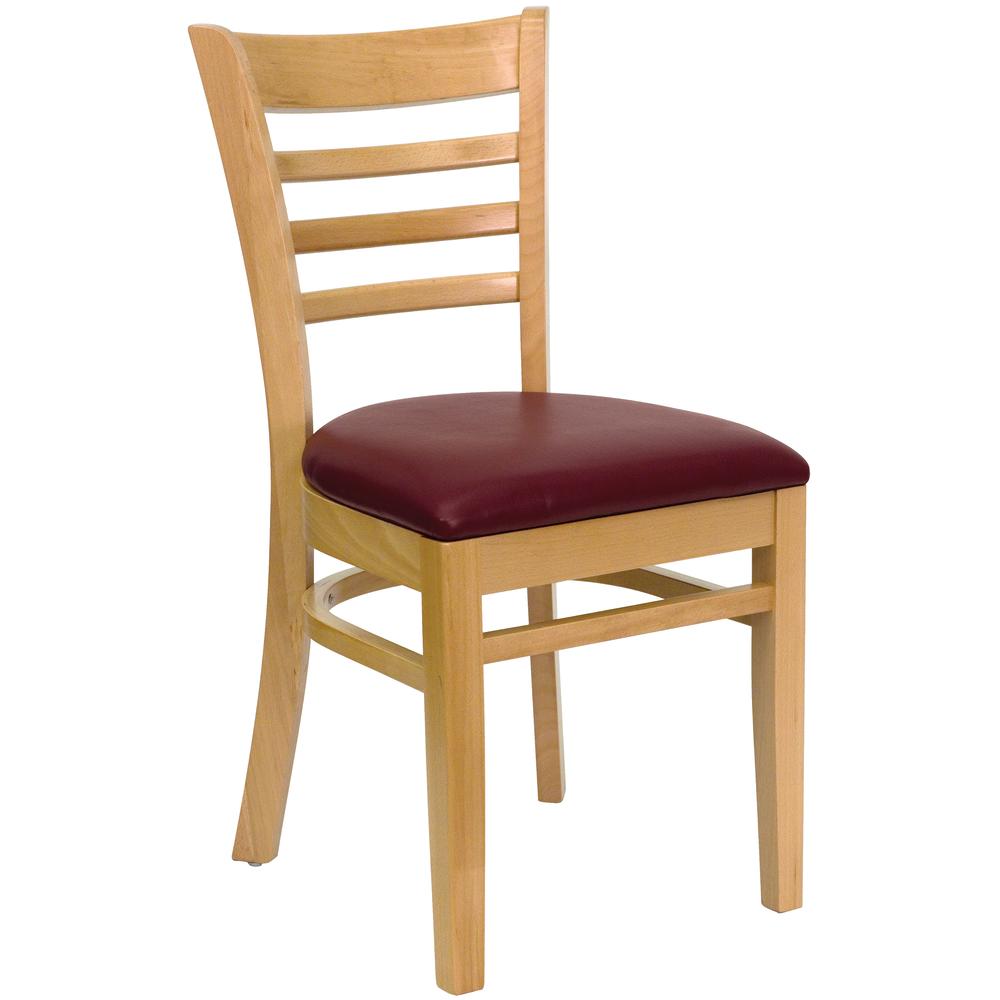 Image of Hercules Series Ladder Back Natural Wood Restaurant Chair - Burgundy Vinyl Seat