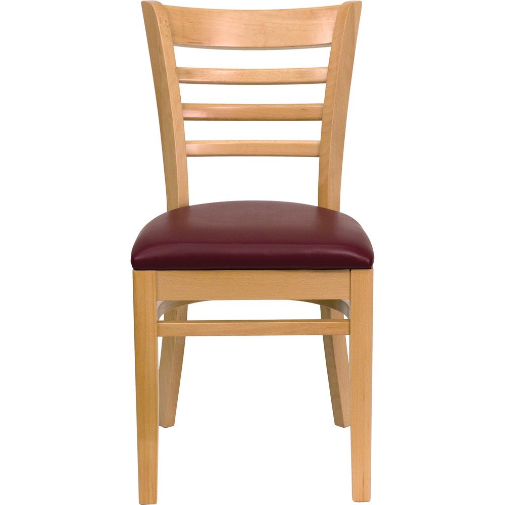 Hercules Series Ladder Back Natural Wood Restaurant Chair - Burgundy Vinyl Seat