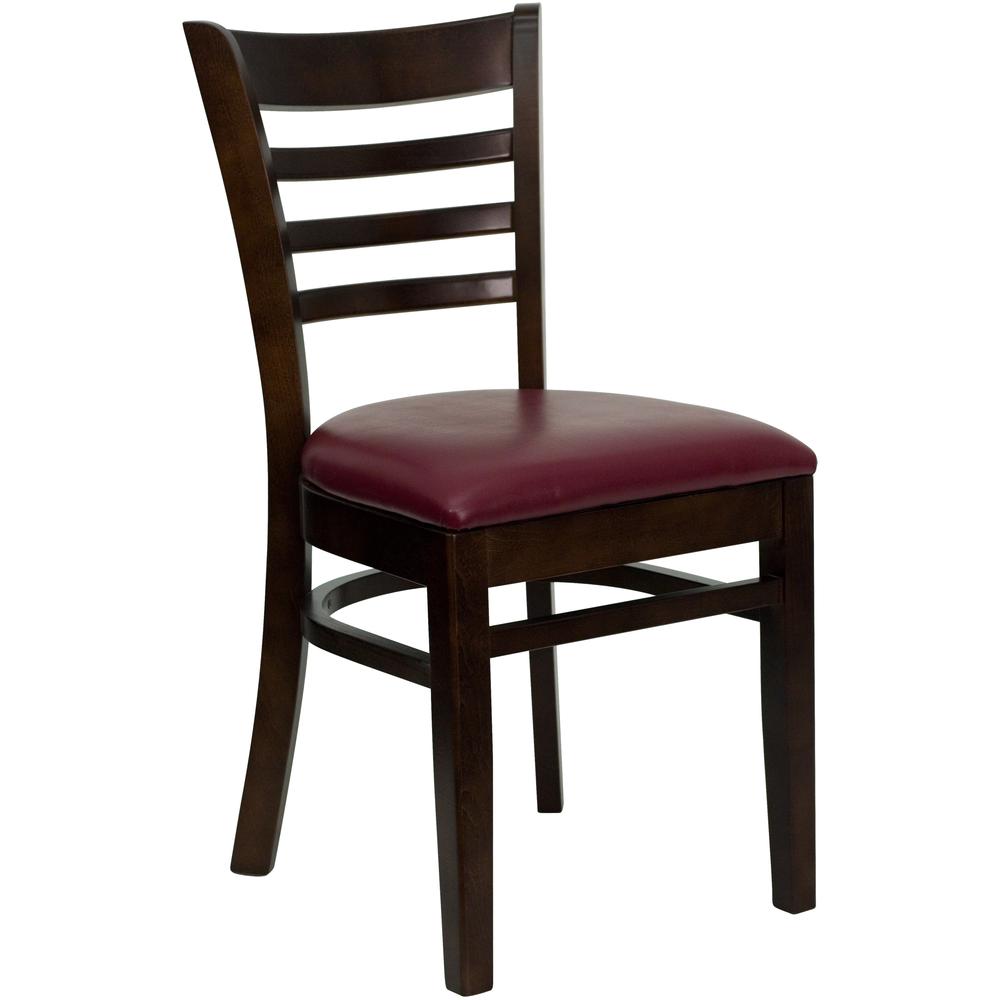 Image of Hercules Series Ladder Back Walnut Wood Restaurant Chair - Burgundy Vinyl Seat