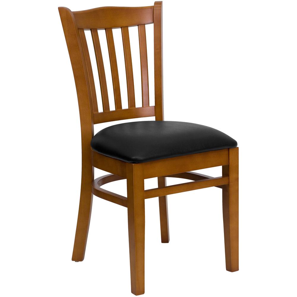 Image of Hercules Series Vertical Slat Back Cherry Wood Restaurant Chair - Black Vinyl Seat