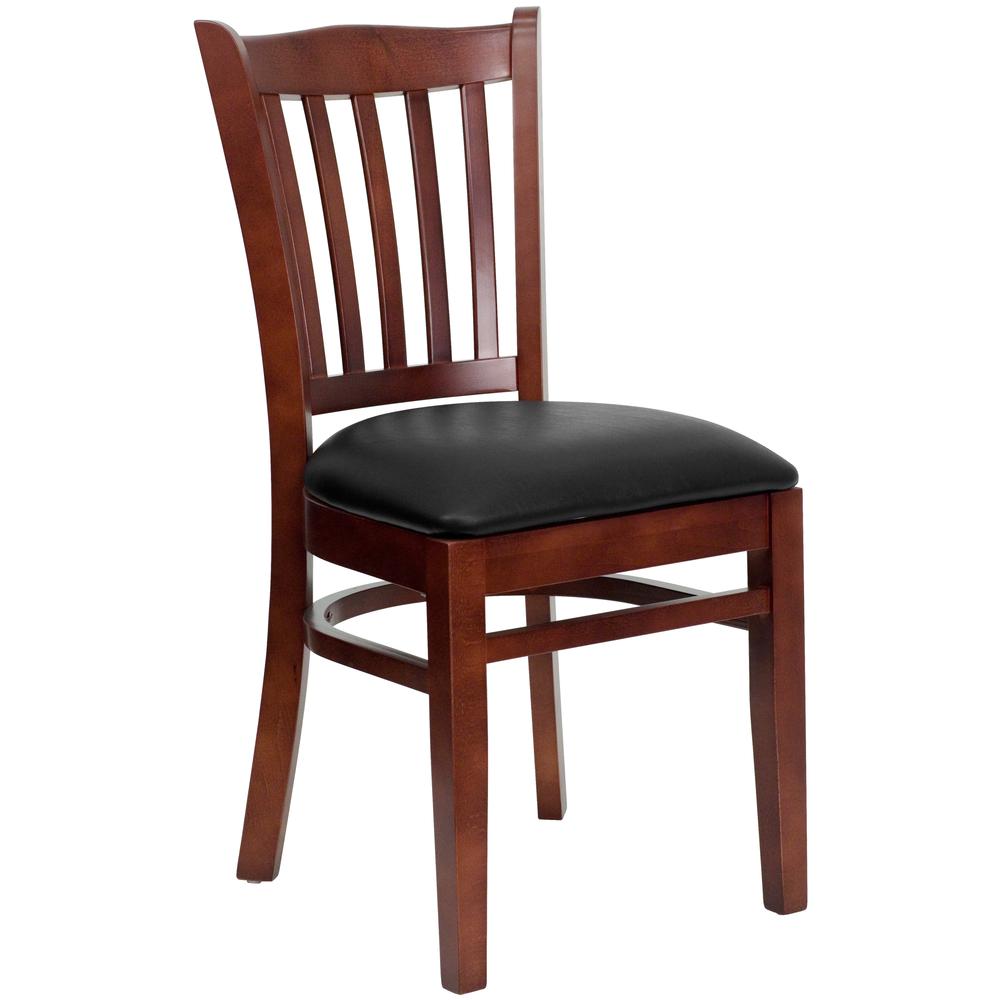Image of Hercules Series Vertical Slat Back Mahogany Wood Restaurant Chair - Black Vinyl Seat