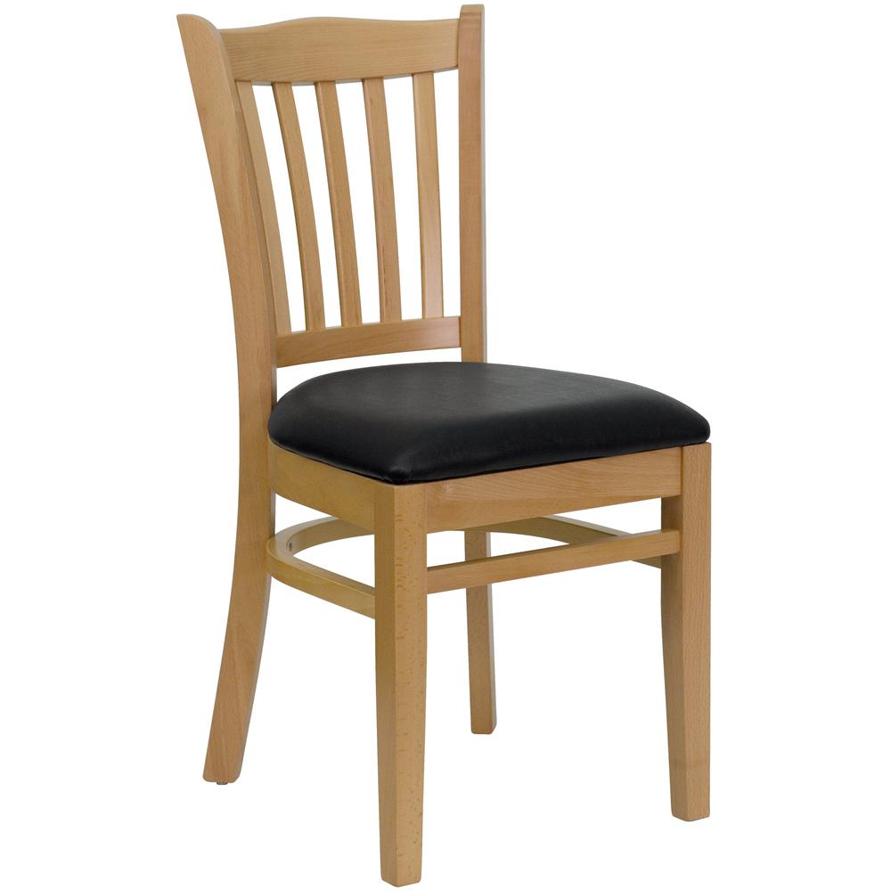 Image of Hercules Series Vertical Slat Back Natural Wood Restaurant Chair - Black Vinyl Seat