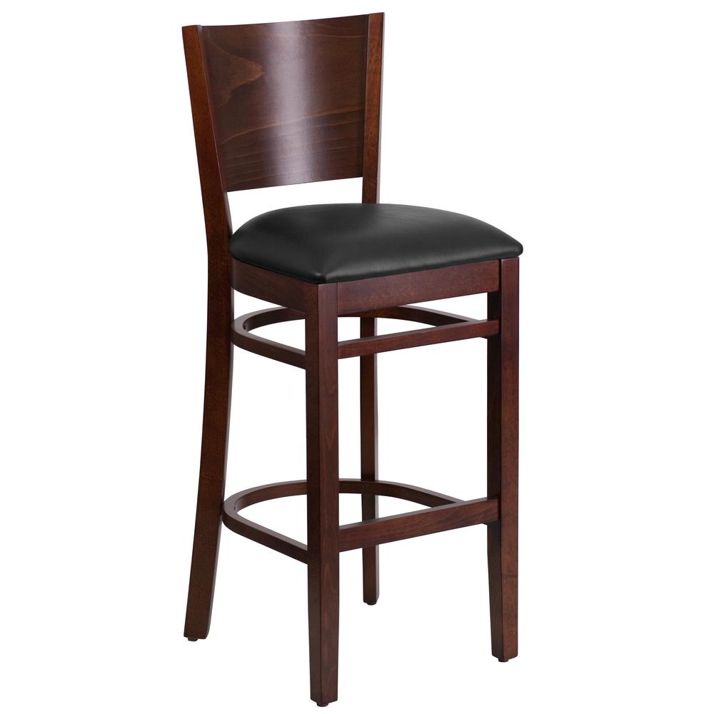 Lacey Walnut Wood Barstool with Solid Back - Black Vinyl Seat