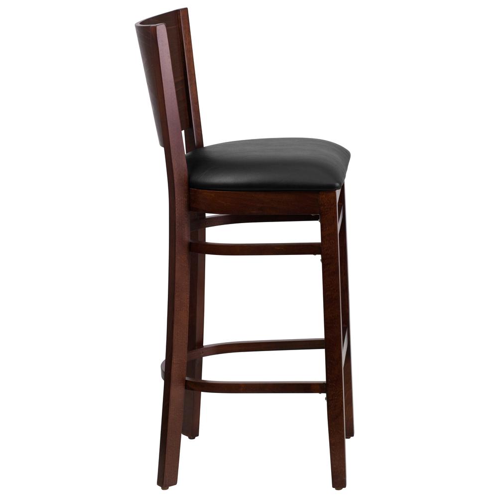 Lacey Walnut Wood Barstool with Solid Back - Black Vinyl Seat