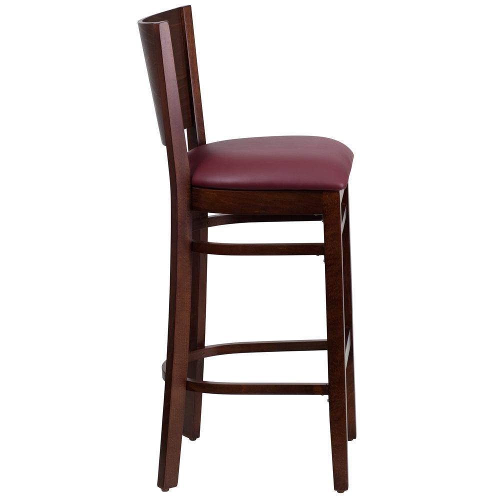 Lacey Solid Back Walnut Wood Barstool with Burgundy Vinyl Seat