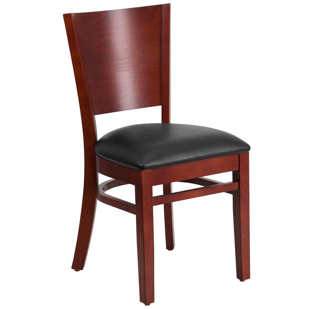 Lacey Solid Back Mahogany Wood Restaurant Chair - Black Vinyl Seat