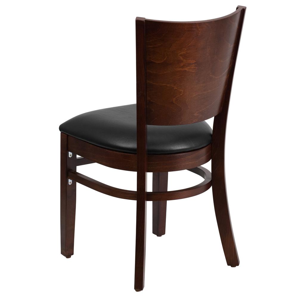 Lacey Solid Back Walnut Wood Restaurant Chair with Black Vinyl Seat