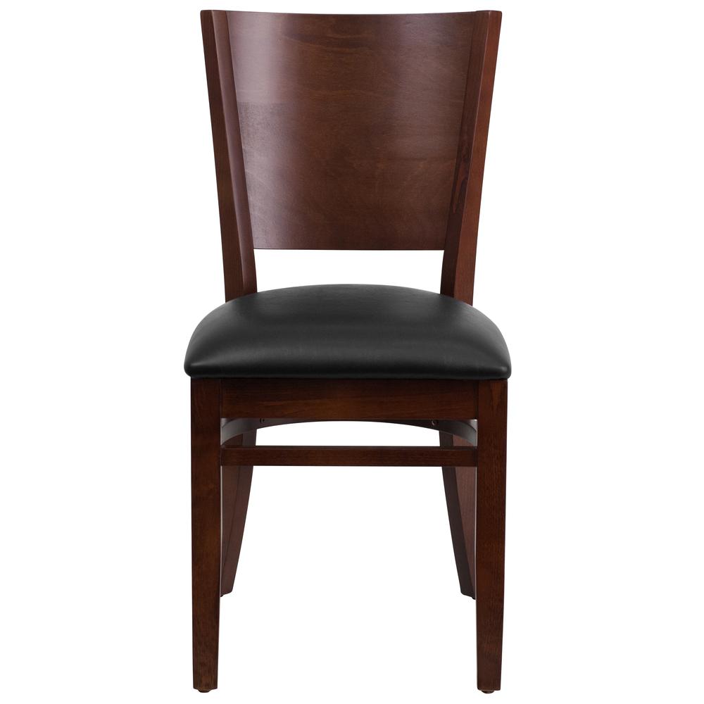 Lacey Solid Back Walnut Wood Restaurant Chair with Black Vinyl Seat