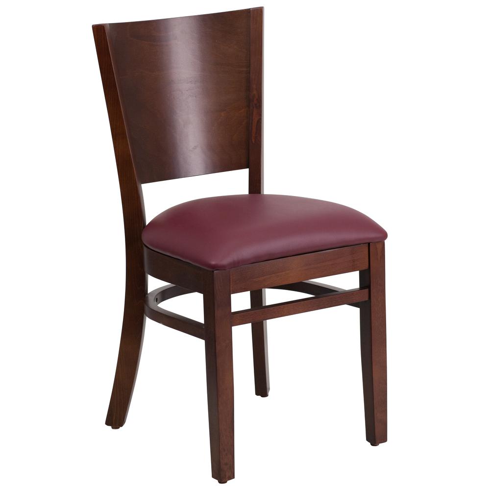 Lacey Solid Back Walnut Wood Restaurant Chair with Burgundy Vinyl Seat