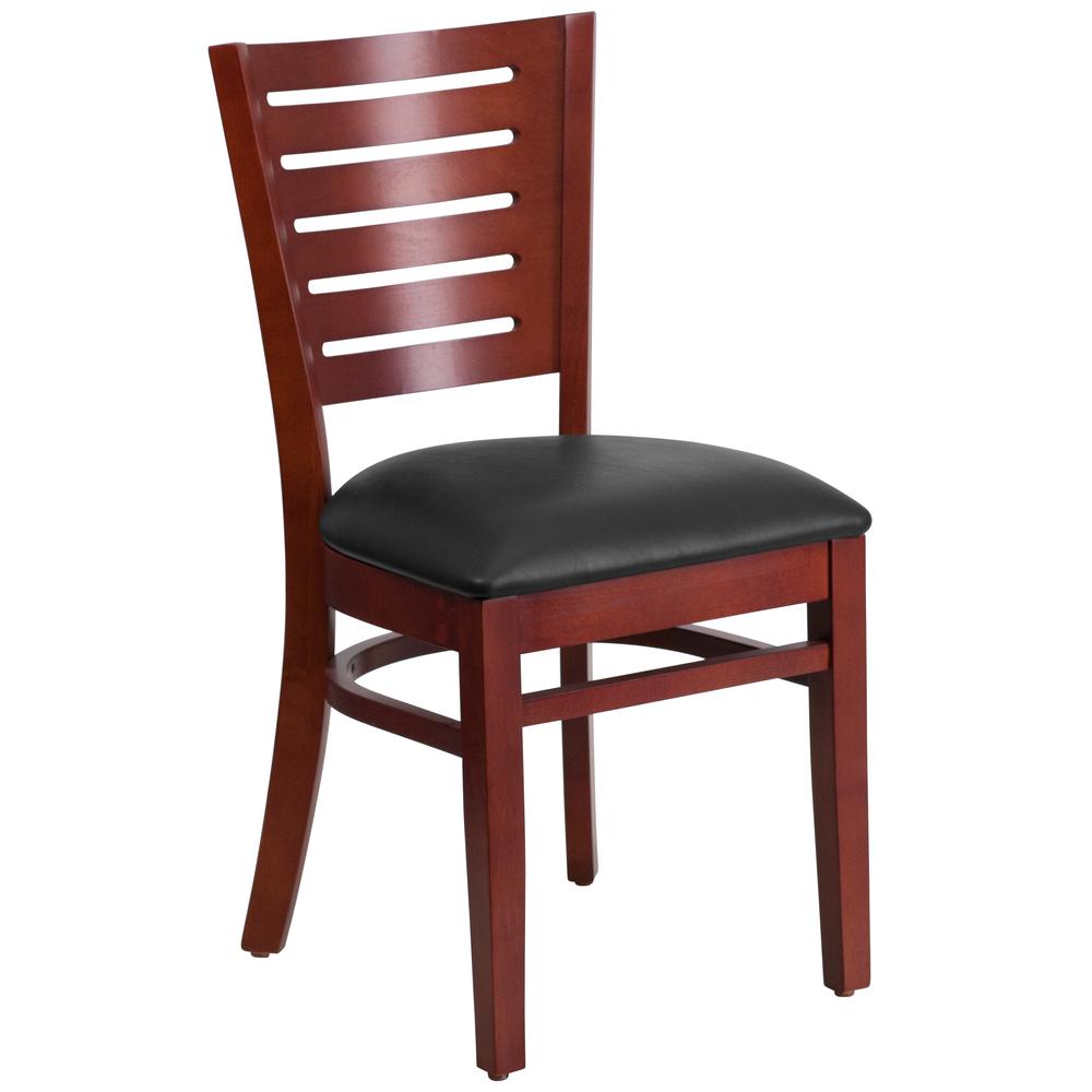 Mahogany Wood Restaurant Chair with Slat Back and Black Vinyl Seat
