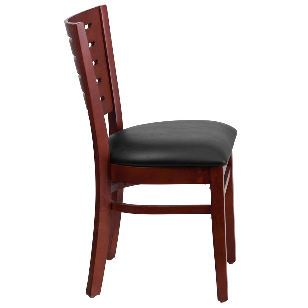 Mahogany Wood Restaurant Chair with Slat Back and Black Vinyl Seat