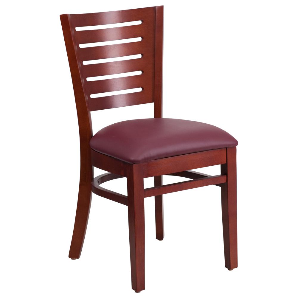 Mahogany Wood Restaurant Chair with Slat Back and Burgundy Vinyl Seat