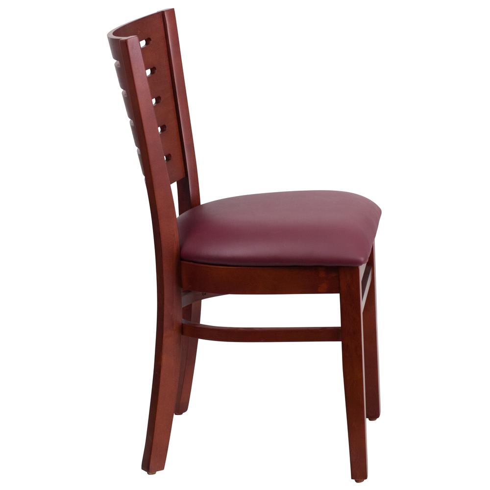Mahogany Wood Restaurant Chair with Slat Back and Burgundy Vinyl Seat