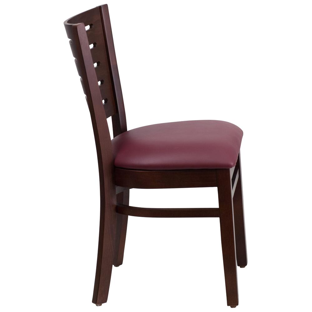 Walnut Wood Restaurant Chair with Slat Back and Burgundy Vinyl Seat