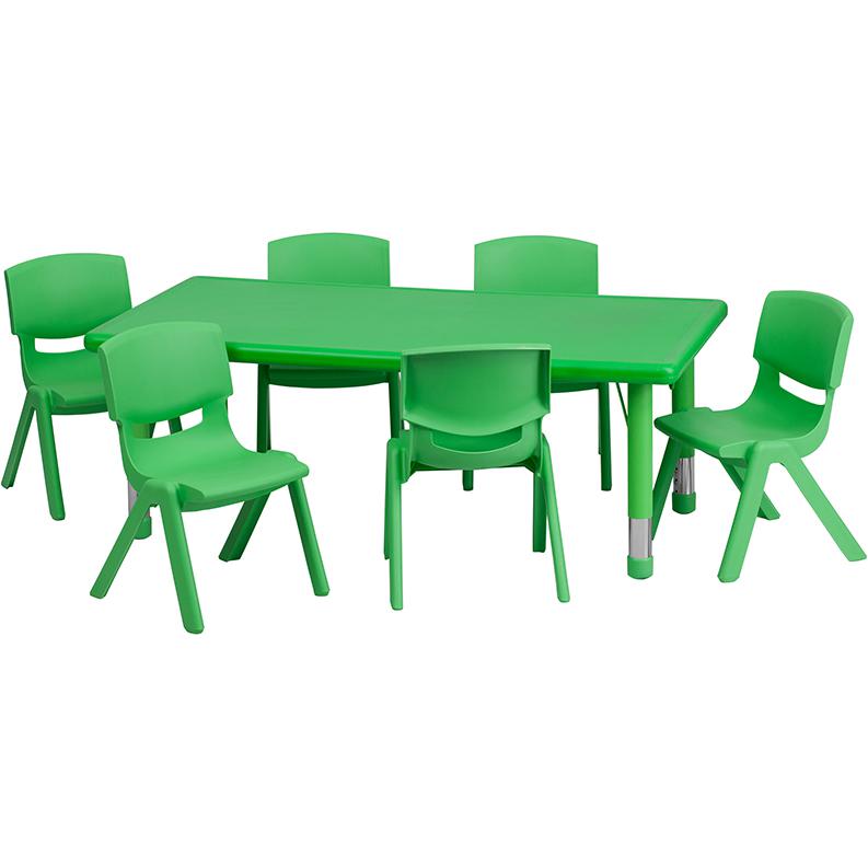 24''W X 48''L Rectangular Green Plastic Height Adjustable Activity Table Set With 6 Chairs