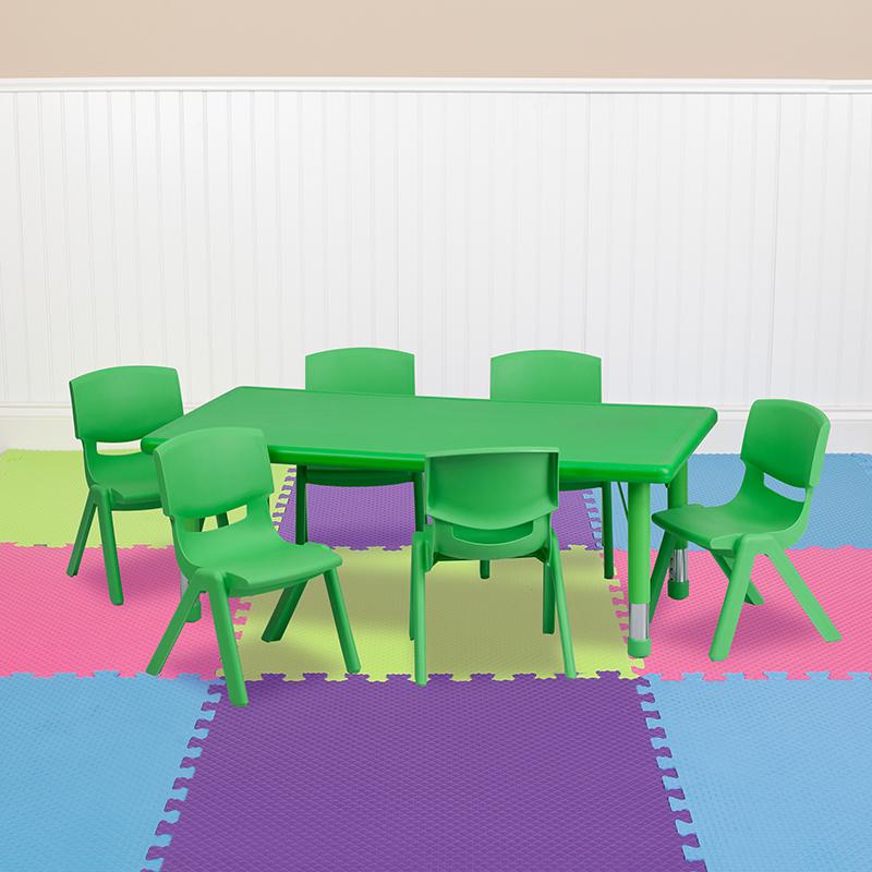 Image of 24''W X 48''L Rectangular Green Plastic Height Adjustable Activity Table Set With 6 Chairs
