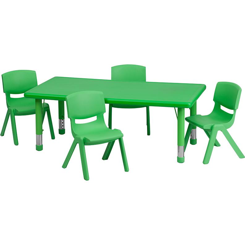 Image of 24''W X 48''L Rectangular Green Plastic Height Adjustable Activity Table Set With 4 Chairs