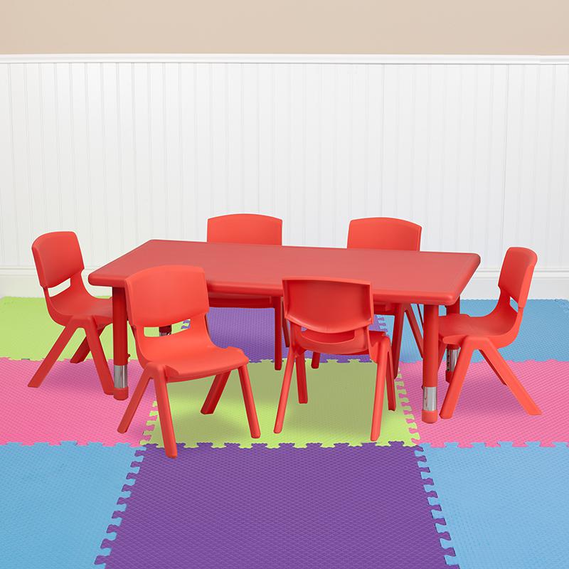 Image of 24''W X 48''L Rectangular Red Plastic Height Adjustable Activity Table Set With 6 Chairs