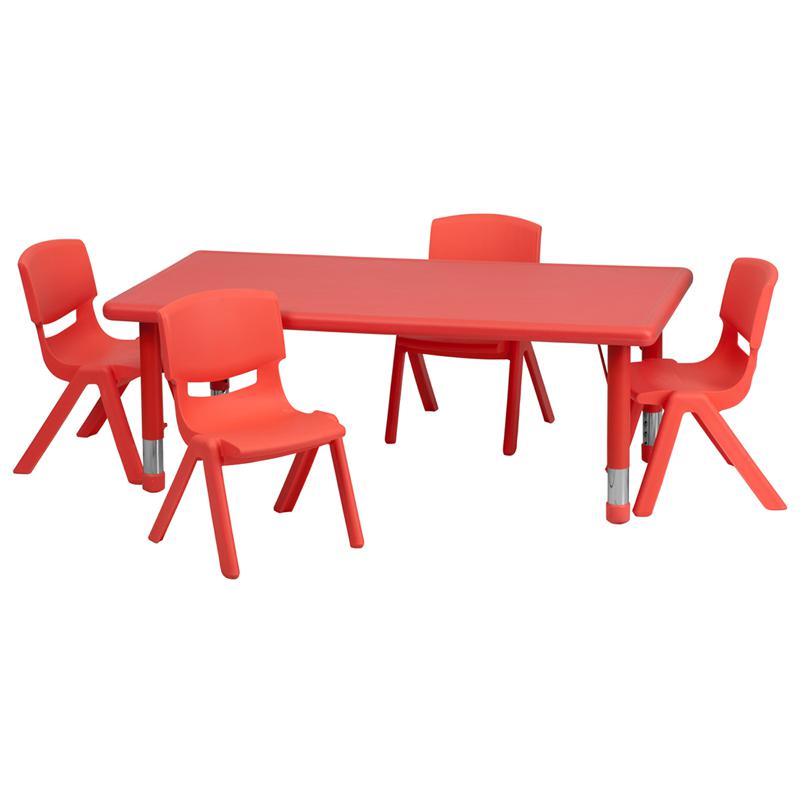 24''W X 48''L Rectangular Red Plastic Height Adjustable Activity Table Set With 4 Chairs