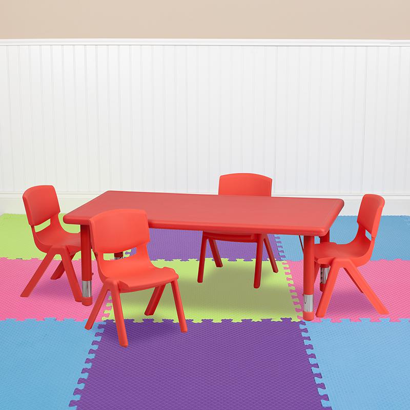 Image of 24''W X 48''L Rectangular Red Plastic Height Adjustable Activity Table Set With 4 Chairs