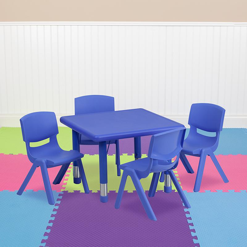 Image of 24'' Square Blue Plastic Height Adjustable Activity Table Set With 4 Chairs