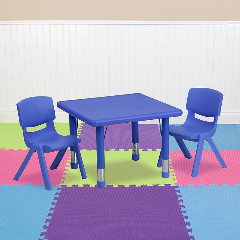 Image of 24'' Square Blue Plastic Height Adjustable Activity Table Set With 2 Chairs