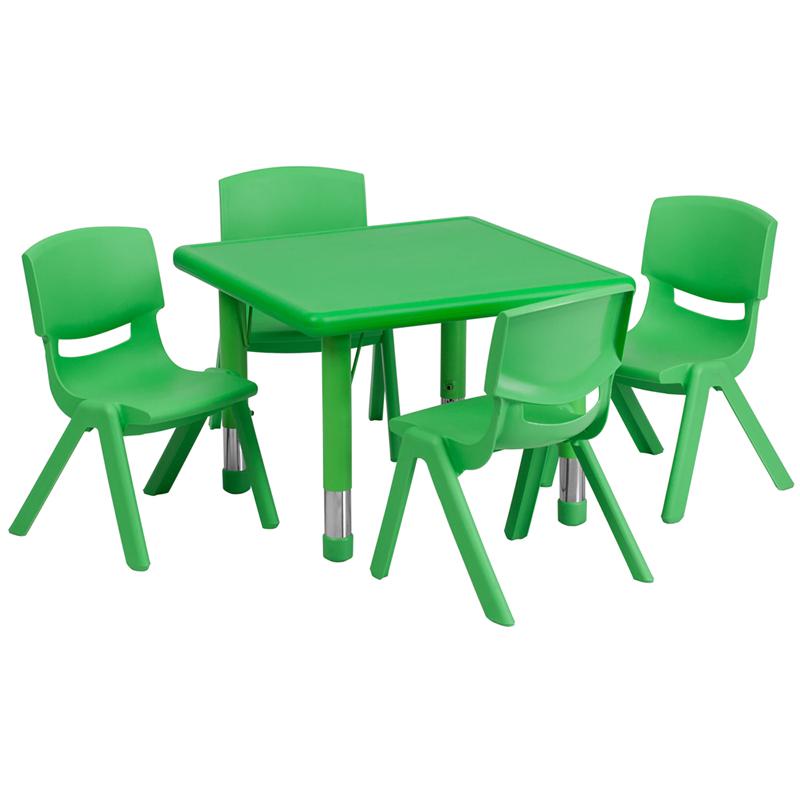 Image of 24'' Square Green Plastic Height Adjustable Activity Table Set With 4 Chairs