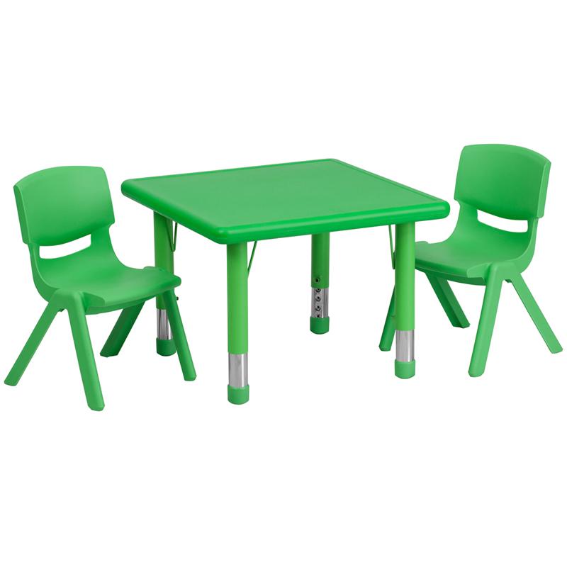 Image of 24'' Square Green Plastic Height Adjustable Activity Table Set With 2 Chairs