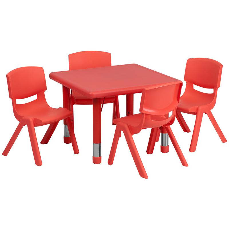 Image of 24'' Square Red Plastic Height Adjustable Activity Table Set With 4 Chairs