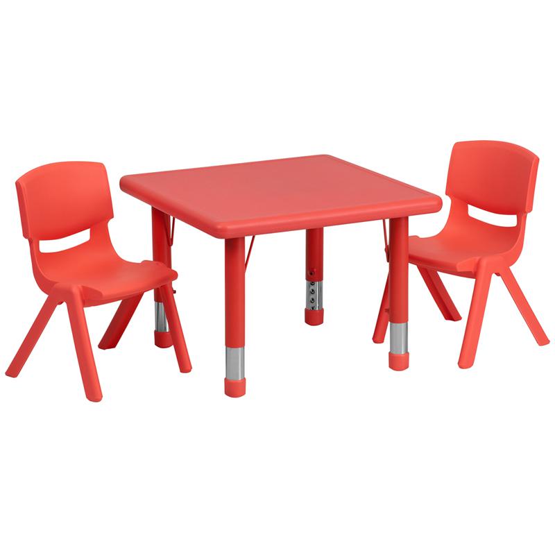 Image of 24'' Square Red Plastic Height Adjustable Activity Table Set With 2 Chairs