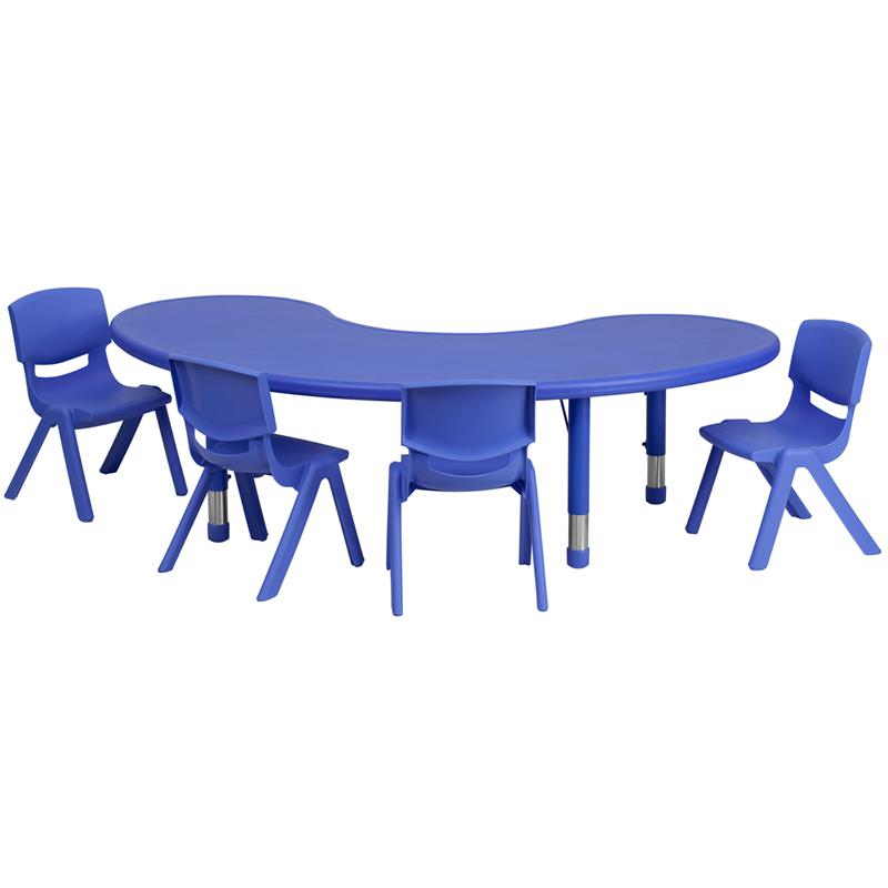 Image of 35''W X 65''L Half-Moon Blue Plastic Height Adjustable Activity Table Set With 4 Chairs