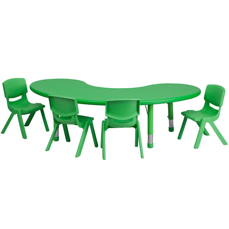 Image of 35''W X 65''L Half-Moon Green Plastic Height Adjustable Activity Table Set With 4 Chairs