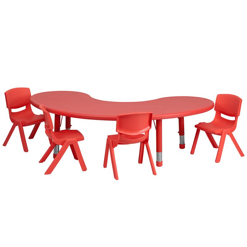 Image of 35''W X 65''L Half-Moon Red Plastic Height Adjustable Activity Table Set With 4 Chairs