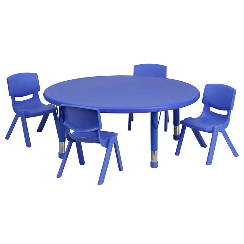 Image of 45'' Round Blue Plastic Height Adjustable Activity Table Set With 4 Chairs