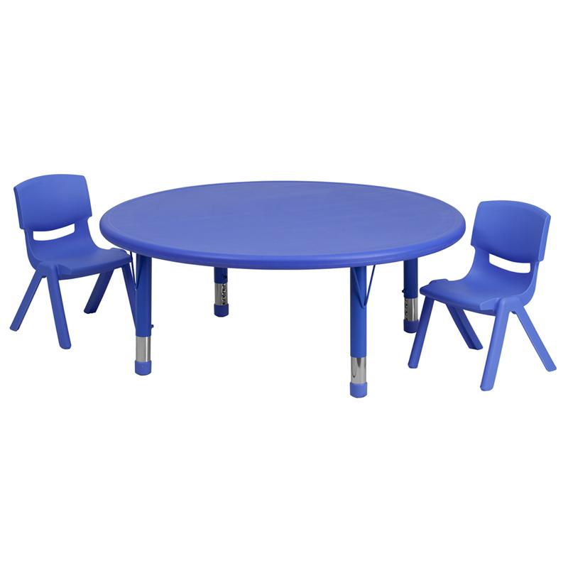 Image of 45'' Round Blue Plastic Height Adjustable Activity Table Set With 2 Chairs