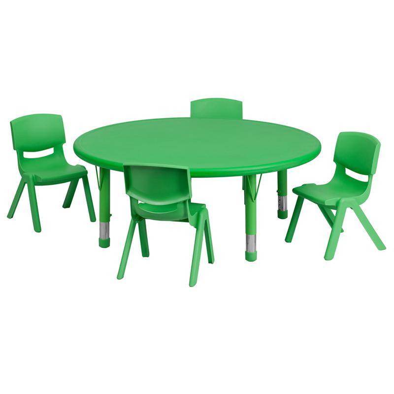 Image of 45'' Round Green Plastic Height Adjustable Activity Table Set With 4 Chairs