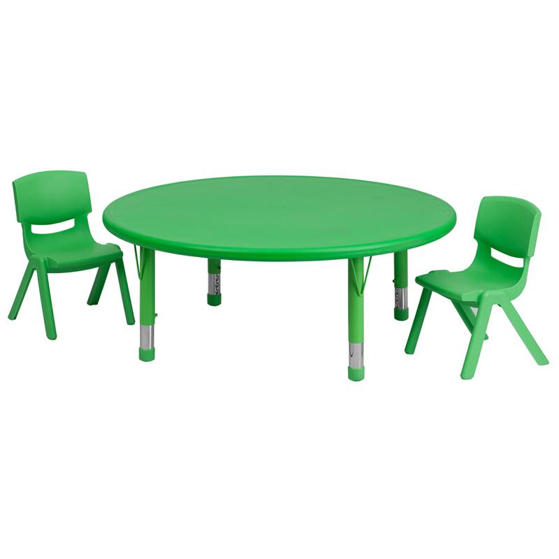 Image of 45'' Round Green Plastic Height Adjustable Activity Table Set With 2 Chairs