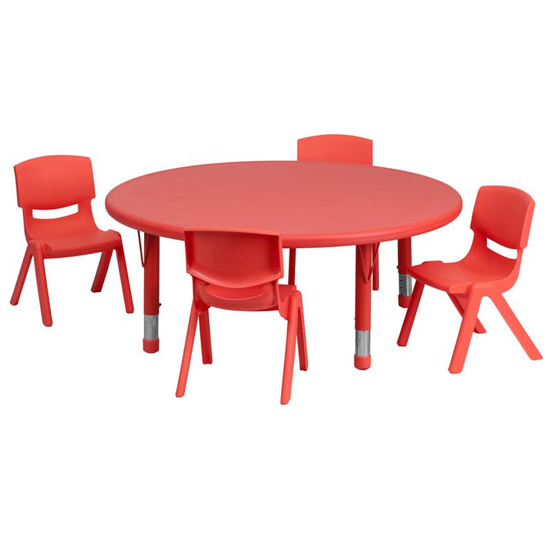 Image of 45'' Round Red Plastic Height Adjustable Activity Table Set With 4 Chairs