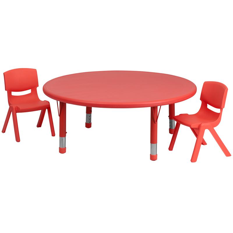 Image of 45'' Round Red Plastic Height Adjustable Activity Table Set With 2 Chairs