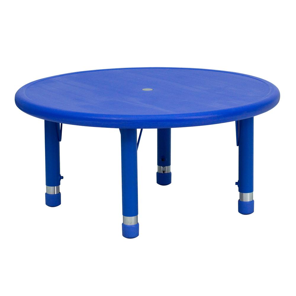 Image of 33'' Round Blue Plastic Height Adjustable Activity Table