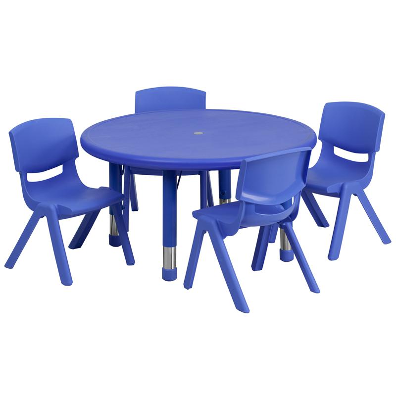 Image of 33'' Round Blue Plastic Height Adjustable Activity Table Set With 4 Chairs